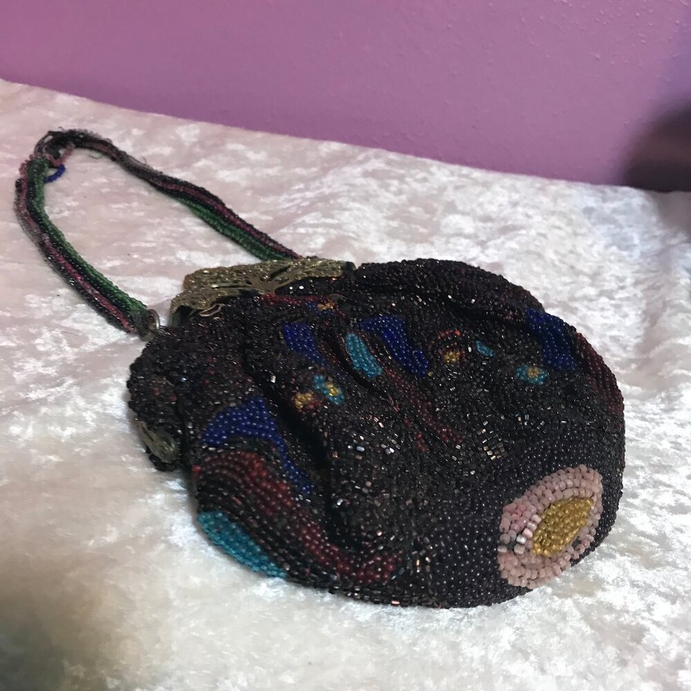 Vintage Beaded Womans Purse GUC Floral Retro Handmade Flowers Wristlet Bag Clasp - Picture 10 of 11